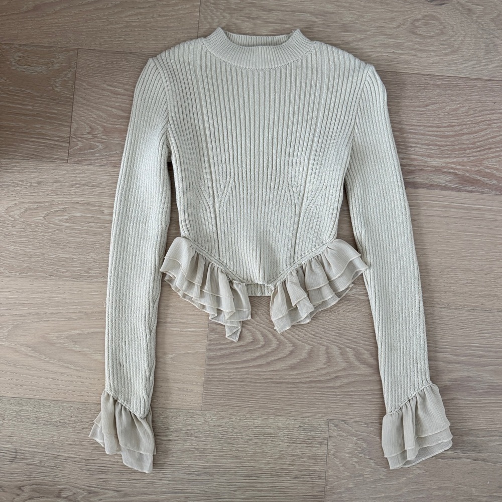 Zara Beige Solid Rib-Knit Ruffle Hem Pullover Sweater Crew Neck Long Sleeve S